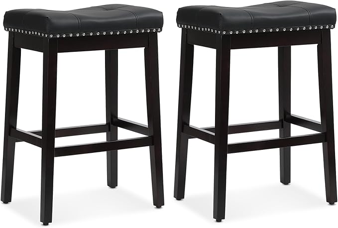 Athena Collection Counter Height Bar Stools Set of 2, 29.5 Inches Backless Saddle Bar Stools with Leather Upholstered and Nailhead Trim, Barstools for Counter, Kitchen Island, Dining Room, Black