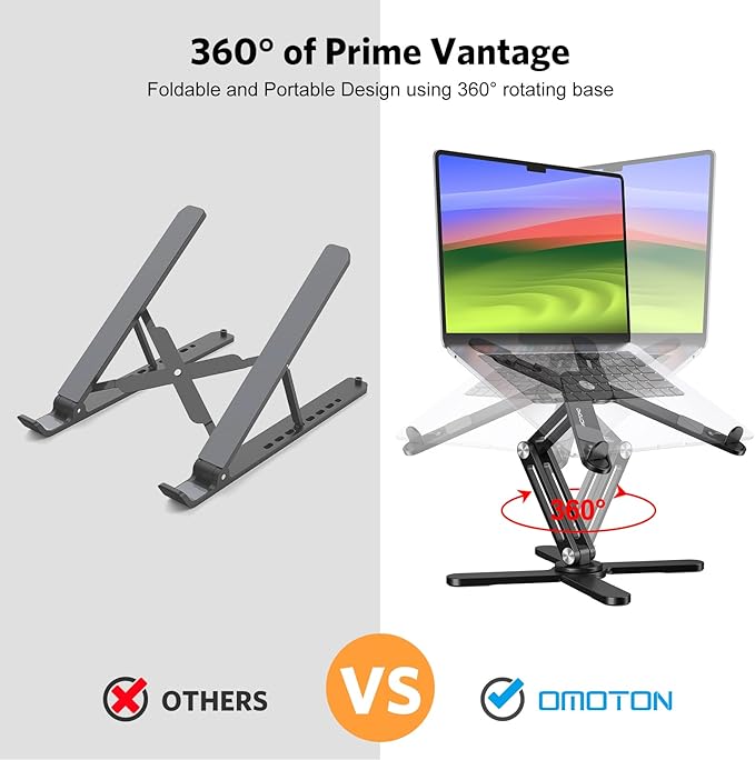 OMOTON 360° Rotating Laptop Stand Riser for Desk, Ergonomic Foldable Computer Stand Adjustable Height Angles for Collaborative Work, Easy Storage Fit Macbooks,All Laptops up to 16 inches, Black