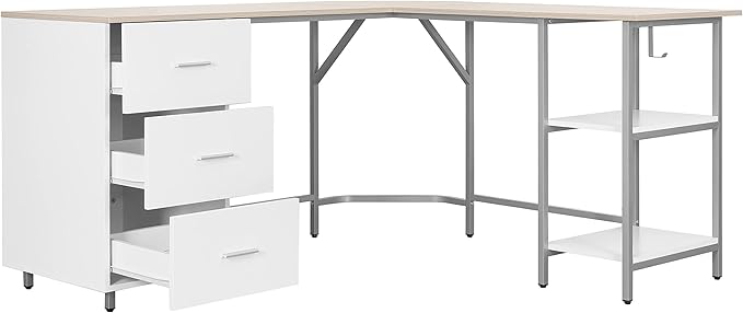 Techni Mobili L Shaped Desk - Two-Toned Computer Desk with Drawers & Storage Shelves - Simple Modern Furniture & Home Office Space Corner Table for Work & Writing