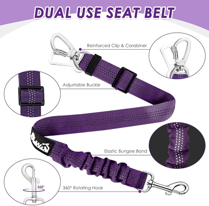 Lukovee Dog Seat Belt for Car, Adjustable Dog Car Harness for Large Medium Small Dogs, Soft Padded & Breathable Mesh Dog Seatbelt with Car Strap and Carabiner (Purple,XXXS)