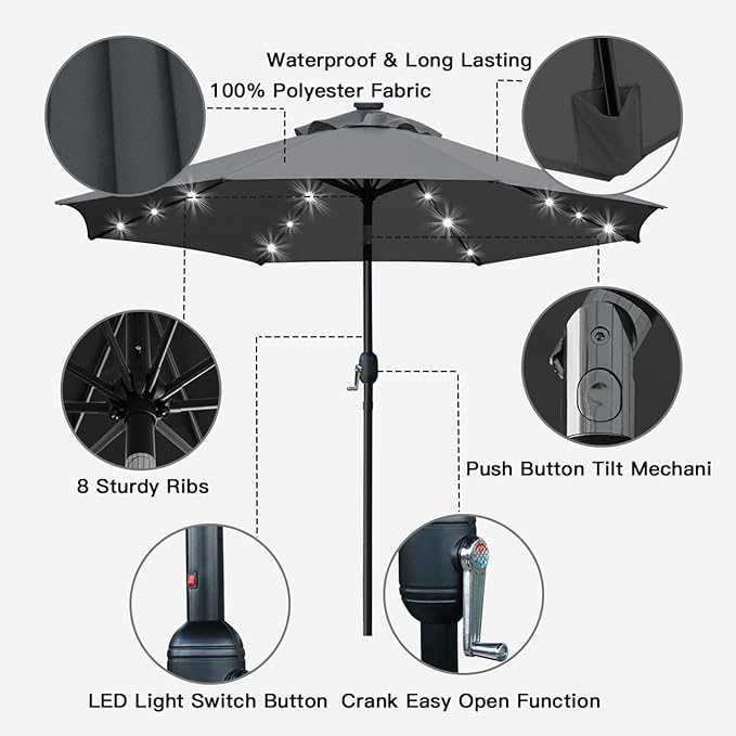 Sunnyglade 9' Solar LED Lighted Umbrella with 8 Ribs Adjustment and Crank Lift System for Patio (Grey)
