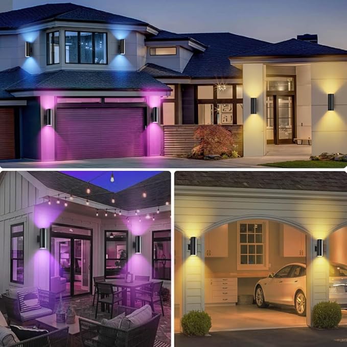 SHIMR Modern Outdoor Wall Lights Color Changing 2 Pack, RGBCW Smart Outdoor Lights Ambiance Sconce with Remote Control, Black Aluminum Exterior Lighting Fixtures Up and Down Lights [ETL Listed]
