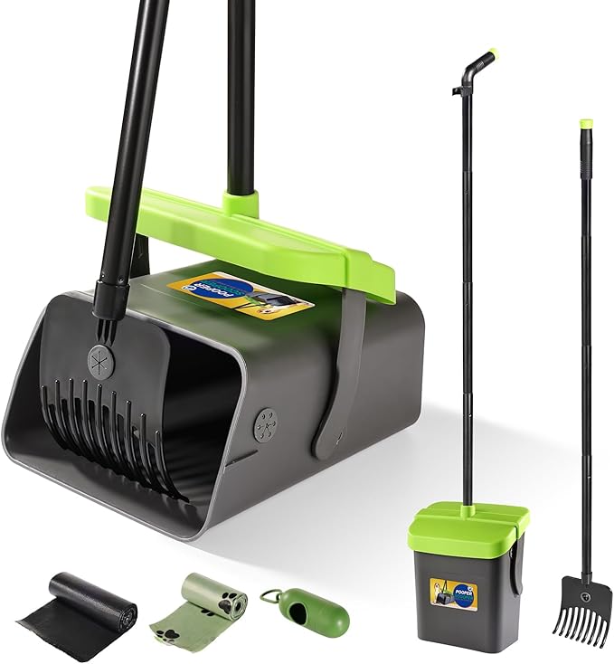 Pooper Scooper Swivel Bin & Rake Kit with 35 Bags – 46" Long Handle Heavy Duty Dog Poop Scooper with Bag Attachment, Yard Pet Waste Cleanup Tool for Large Medium Small Dogs