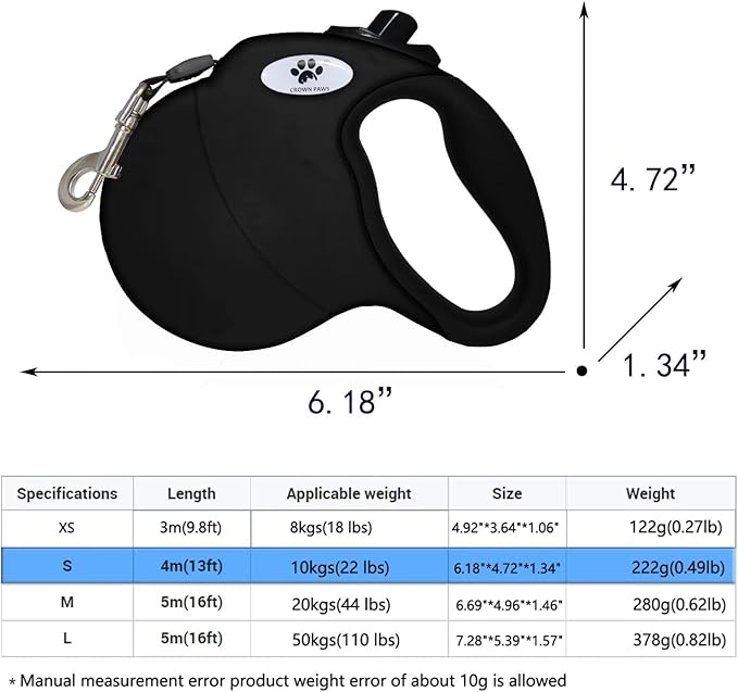 13ft Retractable Dog Leash for Small Breed Dogs up to 22 lbs with a Detachable Chew Proof Extender Wire Ropes (Black S)
