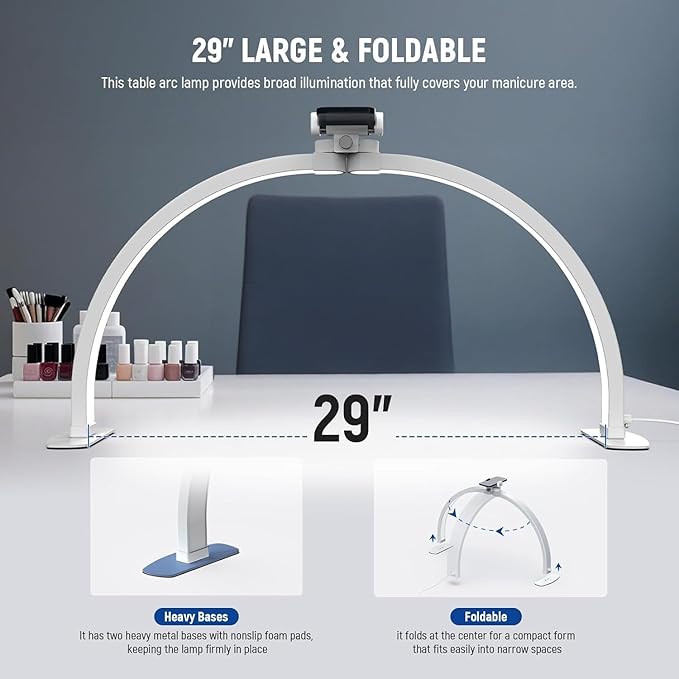 NEEWER Basics 29" Half Moon Nail Light for Desk, 36W Foldable Nail Tech Table Arc Lamp, LED Manicure Half Ring Light with Phone Holder for Makeup Beauty Tattoo Overhead Video Recording, HM02-D