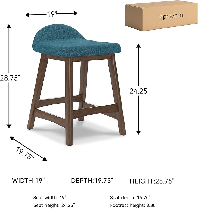 Signature Design by Ashley Lyncott Contemporary 28.5" Counter Height Upholstered Bar Stool with Foam Cushion, 2 Count, Blue & Brown