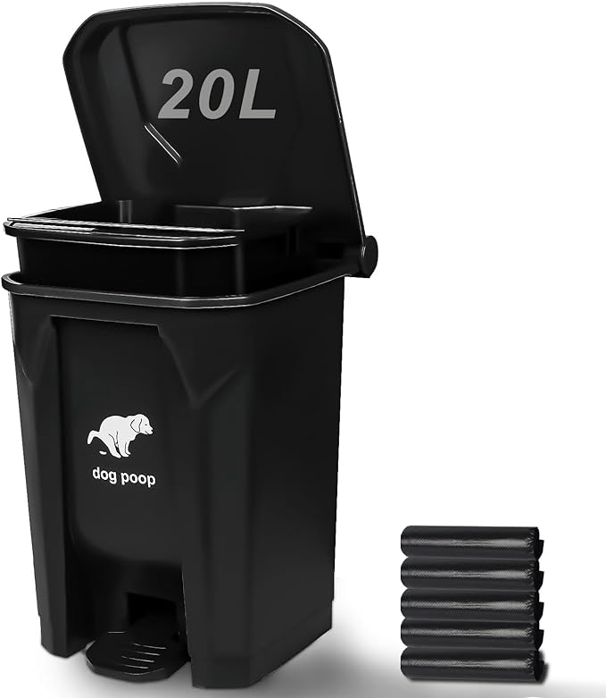 Dog Poop Trash Can Outside, 20L/5Gallon Pedal and Removable Inner Waste Bin, Outdoor Dog Poop Trash Can with 100 Bags, Pet Waste Container for Garden, Black