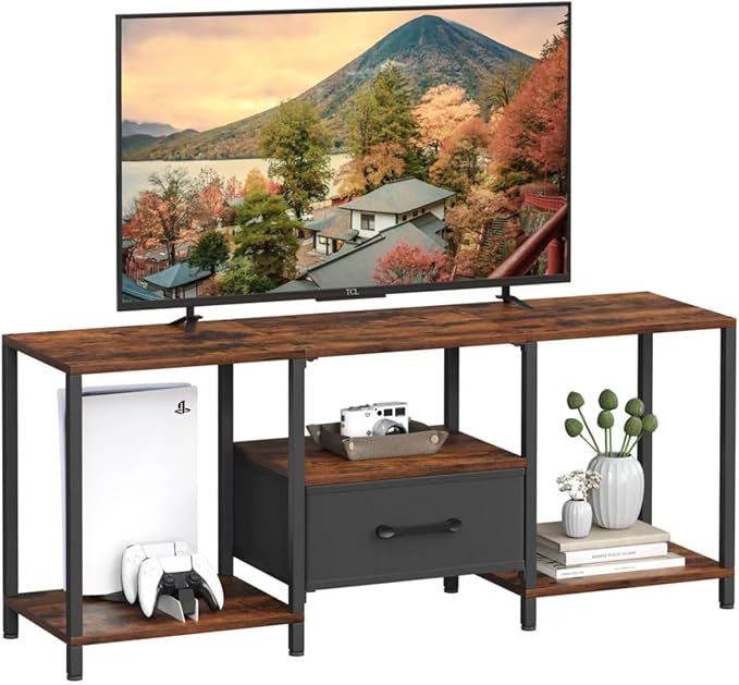 TV Stand with Fabric Drawer for 55 Inch TV, Entertainment Center with Open Shelves, Media TV Console Table for Living Room, Bedroom, Rustic Brown