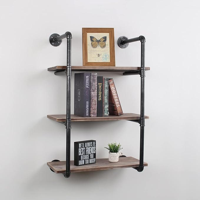 MBQQ Industrial Pipe Shelving Wall Mounted,24in Rustic Metal Floating Shelves,Steampunk Real Wood Book Shelves,Wall Shelf Unit Bookshelf Hanging Wall Shelves,Farmhouse Kitchen Bar Shelving(3 Tier)