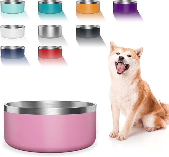 Dog Bowl, Stainless Steel Dog Food and Water Bowl with Non Slip Quiet Bottom, Easy to Clean, Dishwasher Safe, 40oz, Pink