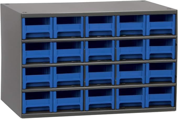 Akro-Mils Steel Garage Storage Cabinet, Small Parts Organizer Metal Cabinet for Hardware, Nails, Screws, Bolts, Nuts, and More, 17" W x 11" D x 11" H, 20-Drawer, Gray Cabinet/Blue Drawers (19320)