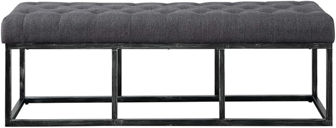 24KF Upholstered Tufted Long Bench with Metal Frame Leg, Linen Bench Ottoman with Padded Seat-Dark Gray