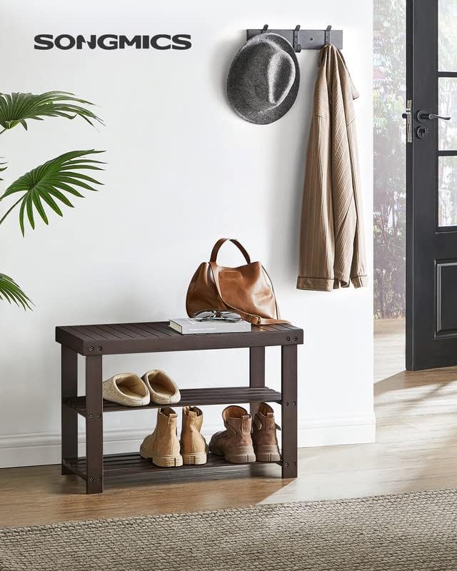 SONGMICS Shoe Rack Bench, 3-Tier Bamboo Shoe Storage Organizer, Entryway Bench, Holds Up to 286 lb, 11.3 x 27.6 x 17.8 Inches, for Entryway Bathroom Bedroom, Brown ULBS04Z