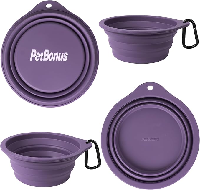 PetBonus 2-Pack Silicone Collapsible Dog Bowls, BPA Free Dishwasher Safe, Portable Foldable Expandable Travel Bowl, Food Water Feeding Cup Dish for Dogs Cats with 2 Carabiners (Black, Dark Purple)
