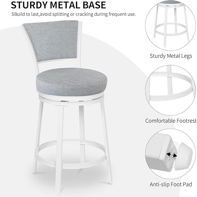Bar Stools Set of 2, 25 Inch Metal Counter Height Bar Chairs, Modern Linen Fabric 360° Round Swivel Barstools with Back, Counter Stools for Kitchen Island, Pub, Grey & White