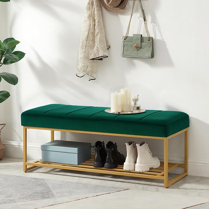 24KF Jade Velvet Upholstered End of Bed Bench with Metal Shelf, Modern Tufted Channel Entryway Bench Footboard Bench for Living Room, Bedroom, Gold Bench,5036-Jade
