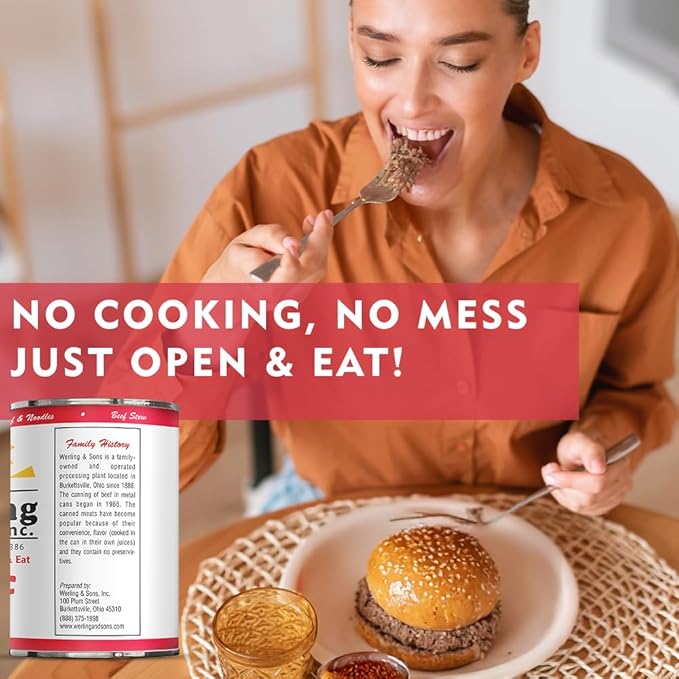 Werling Meat Canned Beef 14.5 Oz ??Fully Cooked, Heat & Eat | Shelf Stable Canned Meat for Pantry Staples, Everyday Meals, Camping, Hiking, Emergency & Survival | 5-Year Shelf Life | Pack of 12