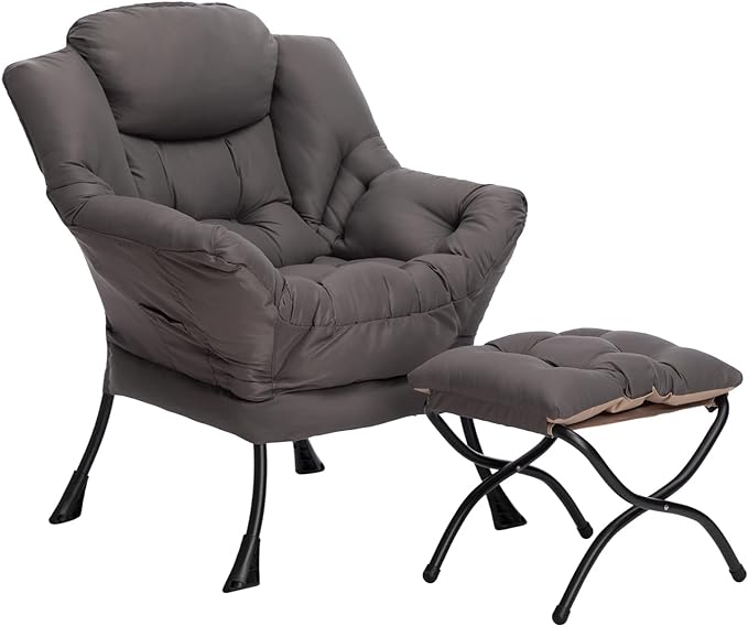 HollyHOME Fabric Lazy Chair with Foldable Ottoman, Accent Comfy Lounge Arm Chair and Folding Footrest Stool Set, Leisure Sofa Reading Chair and Footstool for Living Room, Bedroom, Dorm, Dark Grey