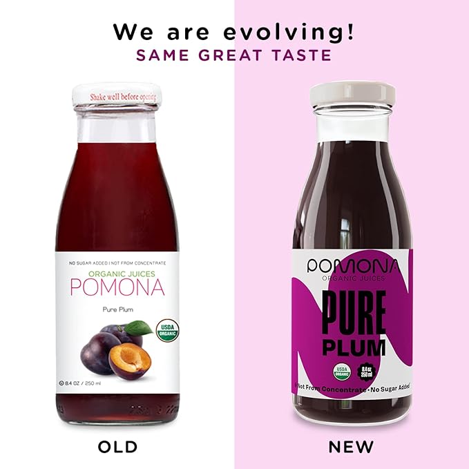 Pomona Organic Plum Juice (Pack of 12), Cold Pressed USDA Organic Juices, 100% Plums, No Added Sugar, Not From Concentrate, Vegan, Kosher, Non GMO, Pasteurized, 8.4 oz Glass Bottles
