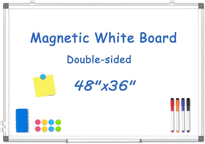 WALGLASS Large Whiteboard, 48" x 36" Double-Sided Large Dry Erase White Board for Wall, Hanging Whiteboard with Silver Aluminium Frame for Home, School, Office, Kitchen
