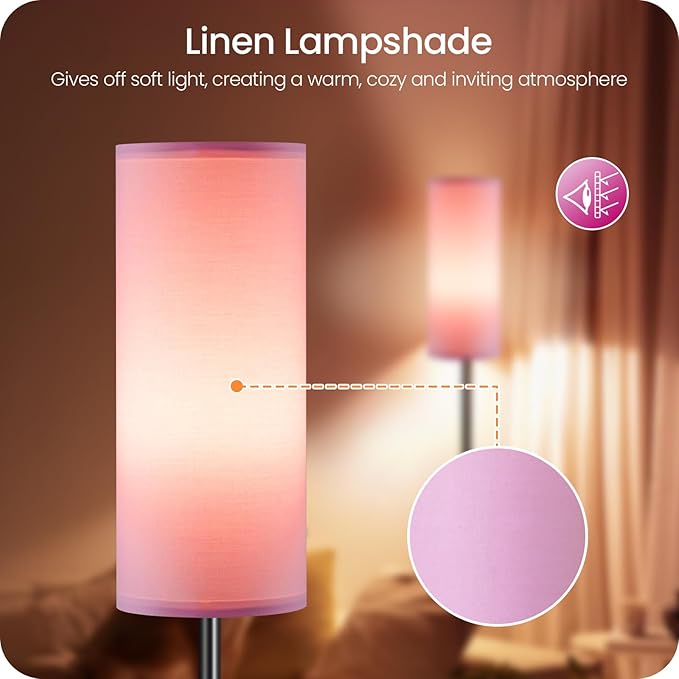Dimmable Pink Floor Lamp for Living Room with Remote and Foot Switch, Corner Floor Lamp for Bedroom, 64.4" Standing Tall Lamp, 10W 900LM Bulb Included, 3000K-6500K, Linen Shade, FCC Listed P06LD05W1