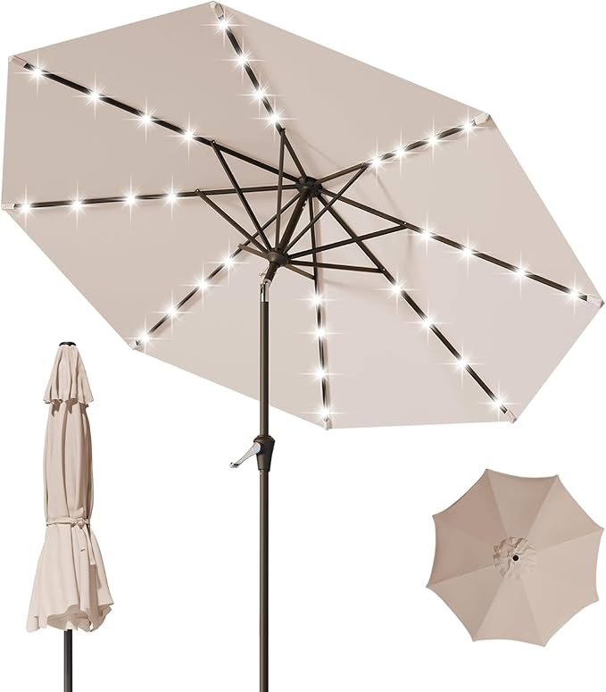 9FT Patio Umbrella with Solar Lights,Outdoor Market Umbrella with Tilt and Crank, LED Lighted Table Umbrella for Garden,Deck,Backyard,Pool,Beach (Beige)