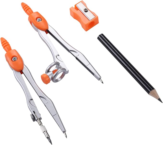 Math Geometry Kit Sets 10 Piece Student Supplies with Shatterproof Storage Box,Includes Rulers,Protractor,Compass,Eraser,Pencil Sharpener,Lead Refills,Pencil,for Drafting（Orange）