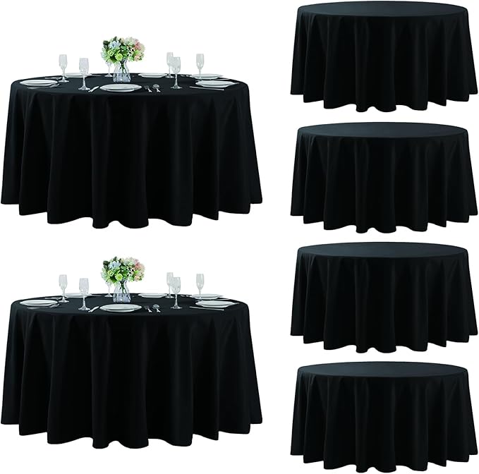 Fokitut 6 Pack Round Tablecloth, 132 Inch, Stain Resistant and Wrinkle Polyester Table Cloth, Fabric Table Cover for Kitchen Dining, Wedding, Party, Holiday Dinner-Black