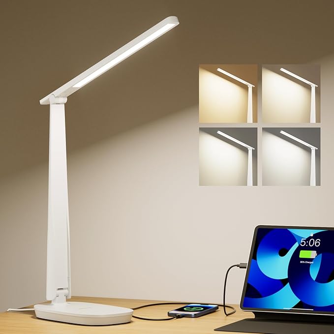 Honeywell LED Desk Lamp for Home Office, Eye-Caring Light with 4 Color Modes & Touch Control, USB A+C Charging Ports, Adjustable Rotating Head with Timer for Reading, Bedroom & Small Desks
