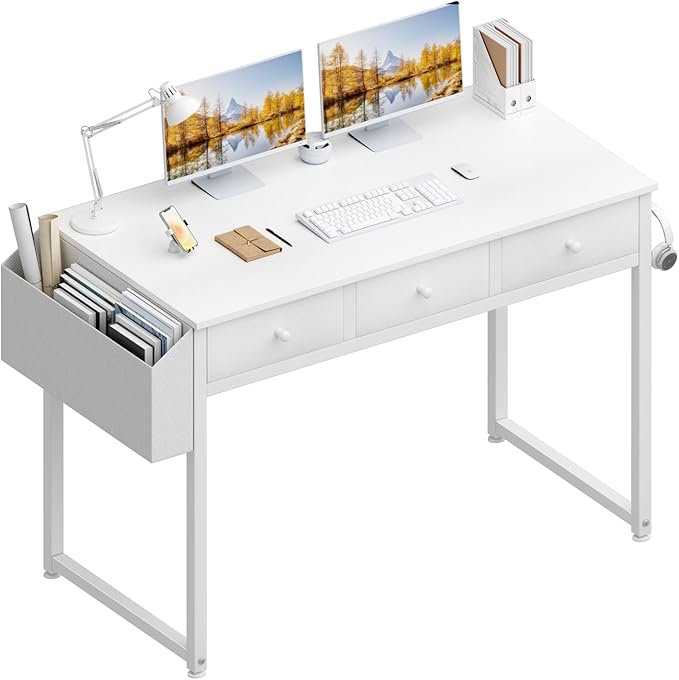 Lufeiya Small White Computer Desk with Fabric Drawers for Home Office Bedroom, 40 Inch Vanity Desk with Drawer Storage and Side Pouch, Study Writing Table, White