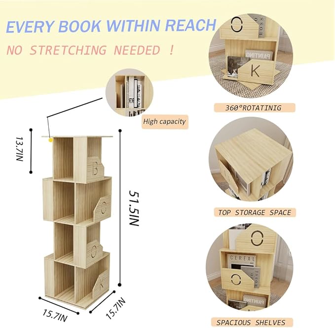 4 Tier Kids Rotating Bookshelf, Premium Pine Wood Space Saving Bookshelf Holds 100+ Books, 360° Spinning, Great for Larger Reads in Kids’ Room, Living Room & Office, Easy to Assemble
