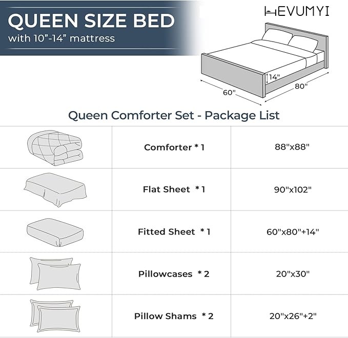 HEVUMYI 7 Pieces Queen Comforter Set, All Season Reversible Bed in a Bag Queen, Ultra Soft Queen Bedding Set with Grey Comforter, Flat Sheet, Fitted Sheet, Pillowcases, Pillow Shams, Dark Grey