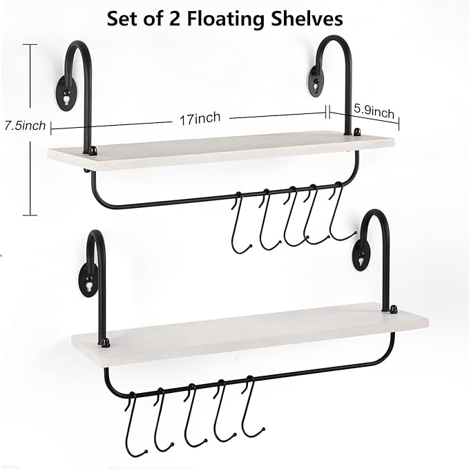 Olakee Floating Wall Shelves for Kitchen Bathroom Coffee Nook with 10 Adjustable Hooks for Mugs Cooking Utensils or Towel Rustic Storage Shelves Set of 2/17x5.9 inch (White)