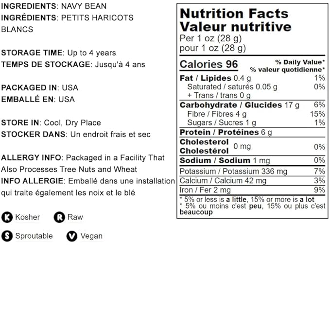 Food to Live Navy Beans, 5 Pounds ??Raw, Dried, Vegan, Kosher, Whole Small White Kidney Beans in Bulk, Good Source of Protein, Fiber, Folate, and Copper. Low Sodium. Great for Cooking and Soups