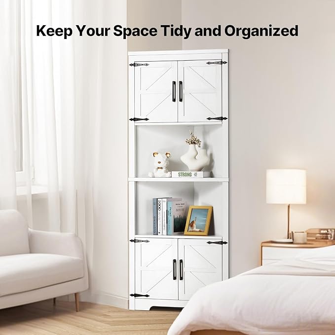 VEVOR 68" Tall Corner Storage Cabinet, 6 Tiers Farmhouse Storage Cabinet with 4 Wooden Doors & Adjustable Shelves, Freestanding Corner Kitchen Cabinet for Living Room, Kitchen, Laundry Room, White