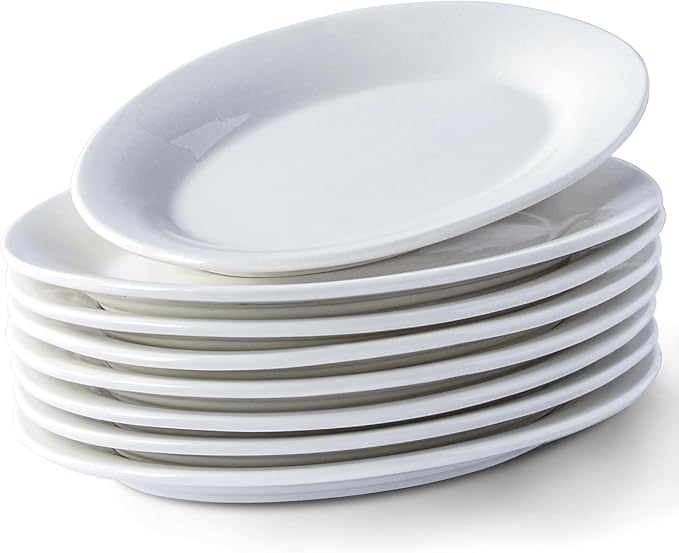 8 Inch Ceramic Appetizer Plates Oval, Porcelain Dessert Plates, Small Salad Plates Set, Small White Serving Plates for Salad, Appetizer, Snack, Sushi, Microwave, Dishwasher Safe, Set of 8