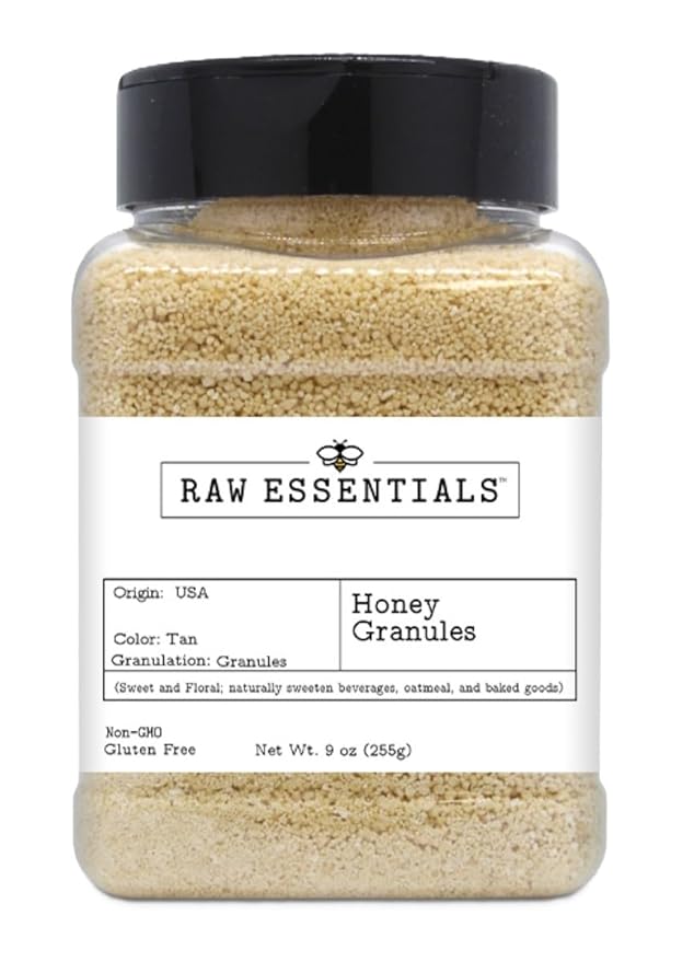 Raw Essentials Honey Granules – Natural Sweetness for Oatmeal, Yogurt, Beverages, and Desserts – Non-GMO and Gluten-Free – 9 Ounce Container