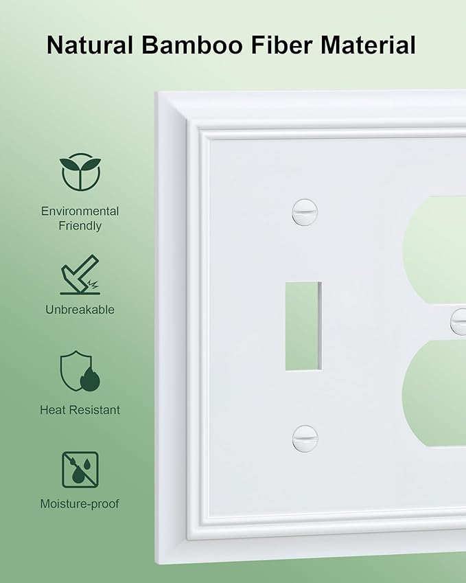 2-Pack Combo Toggle/Duplex Light Switch Cover Plate, Pure White Outlet Cover Plate, Natural Bamboo Fiber Decorative Wall Receptacle Cover for Electrical Outlets, Light Switch