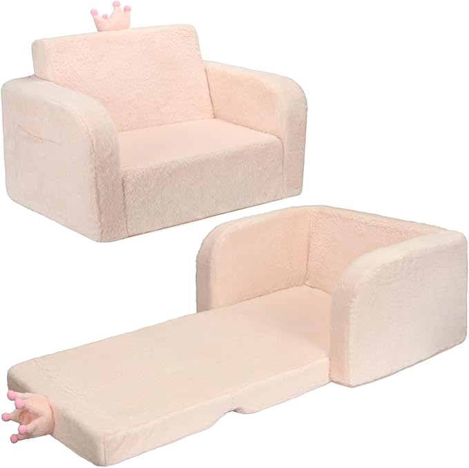 MONKISS Toddler Couch, 2-in-1 Kids Sofa Fold Out, Convertible Sofa to Lounger for Girls and Boys, Toddler Chairs Comfy 1-3 Years Old, SF04, Beige Crown