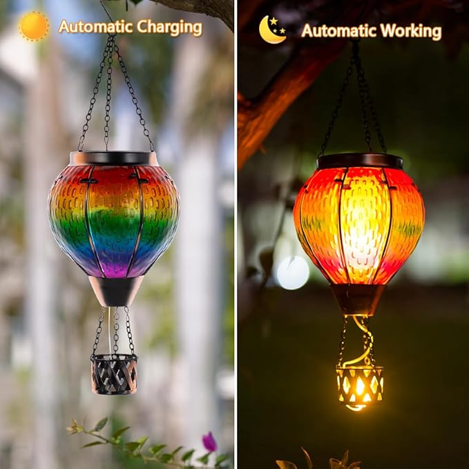 DREAMSOUL Hot Air Balloon Solar Lantern with Candle Holder, Glass Hanging Solar Lantern with Flickering Flame, Solar Lanterns Outdoor Waterproof for Lawn, Patio, Porch, Tree Decor