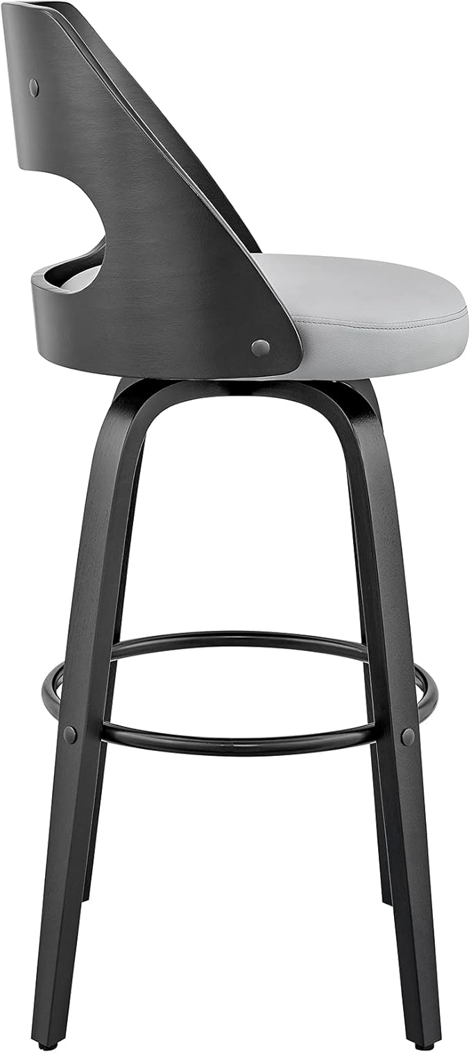 Armen Living Julius Mid Century Modern Swivel Bar Stool for Kitchen Island Counter in Gray Faux Leather and Black Wood, 26" Seat Height