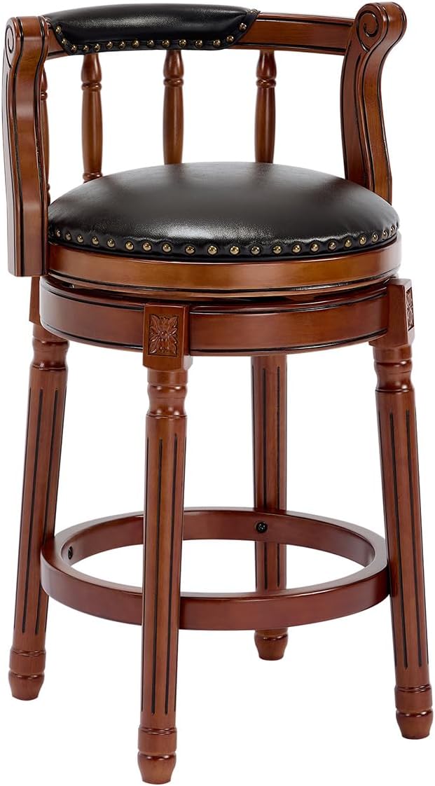 Cow top Leather Wooden Bar Stools, 360 Degree Swivel Bar Height Chair with Backs for Home Kitchen Counter, Morden Chair Barstools (Black, Counter Height-Seat Height 26”)