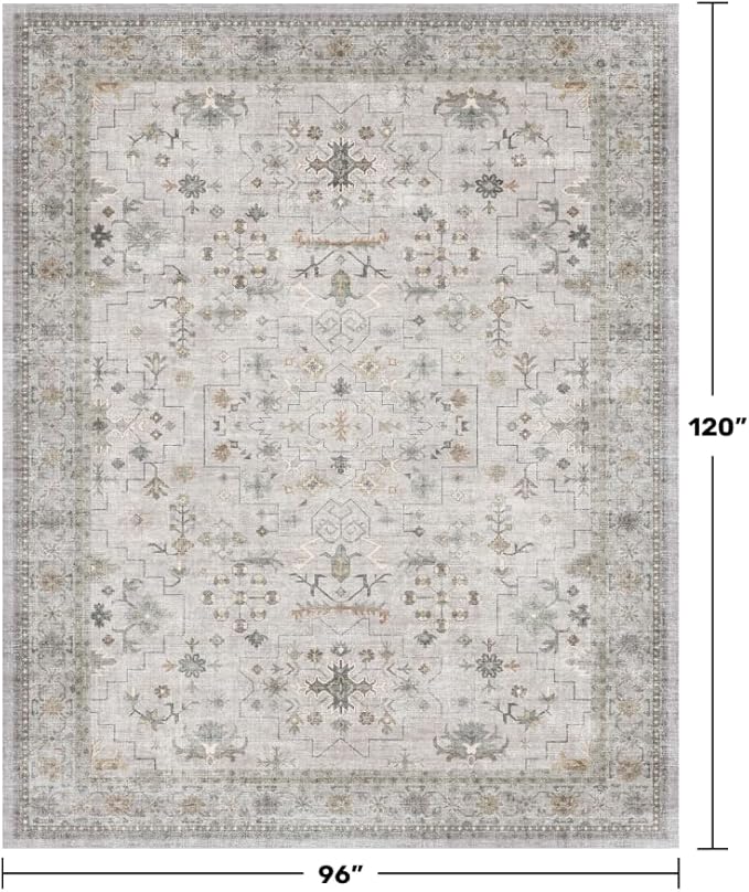 Boho Light Grey Living Room Rug 8x10 - Modern Vintage Eclectic Floral Pastel Neutral Taupe, Washable Low Pile Non-Slip Extra Large Area Rugs for Dining Under Table Bedroom Lounge