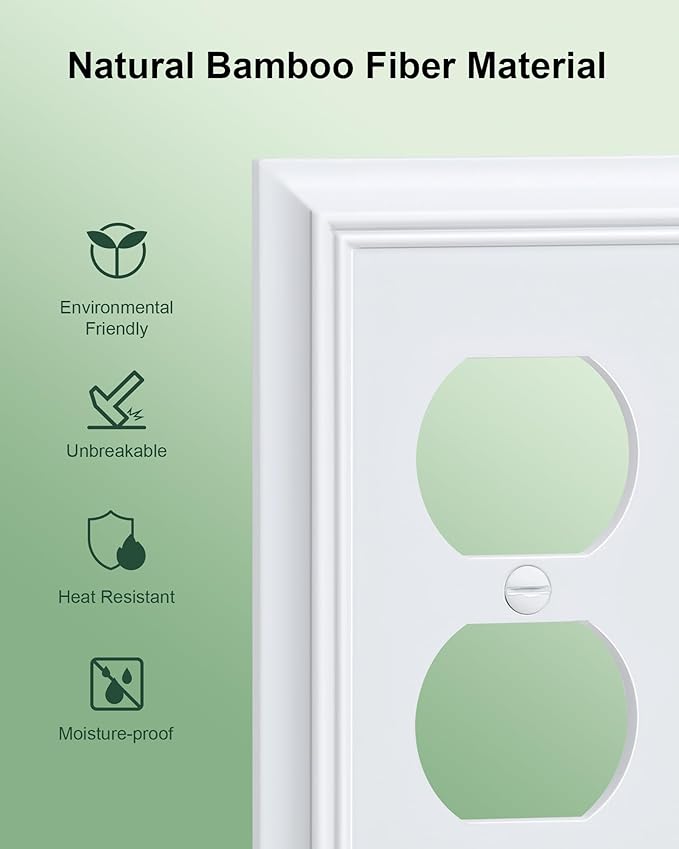 6-Pack Duplex Outlet Cover Plate, Decorative Pure White Switch Plates and Outlet Covers, Natural Bamboo Fiber Wall Plates for Electrical Outlets, 1 Gang Receptacle Cover, Corrosion Resistant
