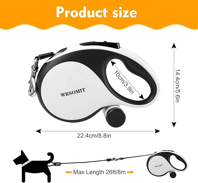 Retractable Dog Leash with Chew Proof Cable, 26Ft Heavy Duty Dog Leash for Medium Large Dogs up to 110lbs, 360째 No Tangle, One-Handed Brake