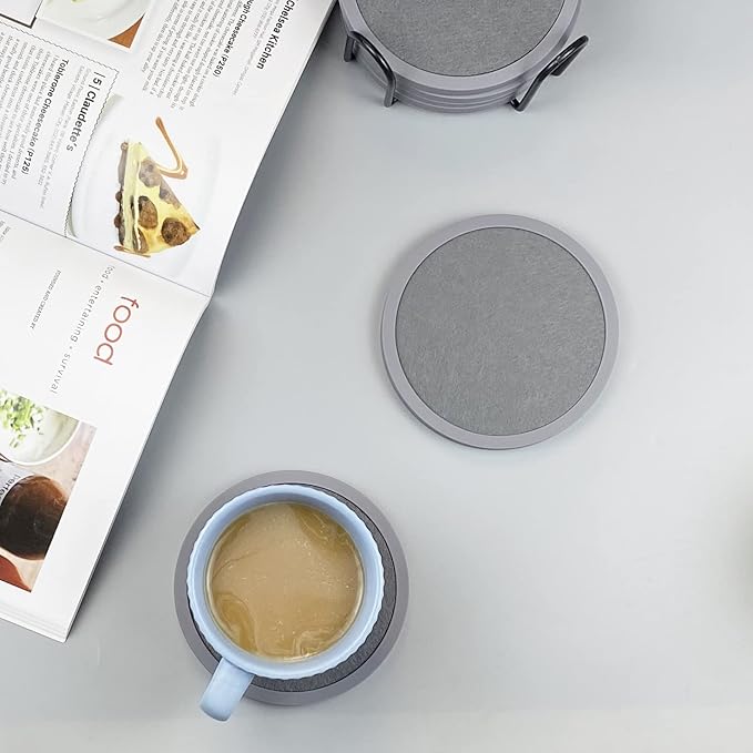 Absorbent Coasters for Drinks with Holder - 6packs, Silicone Coaster with Soft Felt Insert (4.3 inch Coasters with 4.5 inch Holder, Grey)