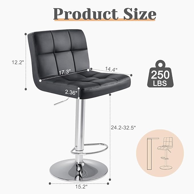 Sweetcrispy Bar Stools Set of 2, Armless PU Leather Adjustable Swivel Barstools, Hydraulic Kitchen Counter Height Thickened Seat Cushion Square Island Countertop Chairs with Back, Light Black