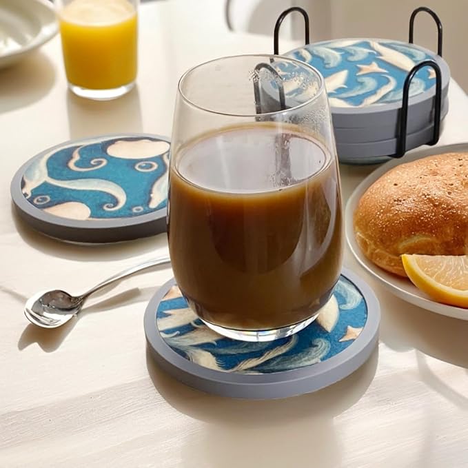 Absorbent Coasters for Drinks with Holder - 6packs, Silicone Coastes with Soft Felt Insert (4.3 inch Coasters with 4.5 inch Holder, Dual-Sided Ocean -Themed Patterns)