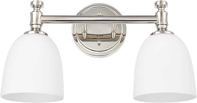 Bathroom Vanity Light, 2-Light Bathroom Light Fixtures Over Mirror, Traditional Vanity Lights for Living Room, Milk White Bell Glass Shades, Standard E26 Base, Polished Nickel