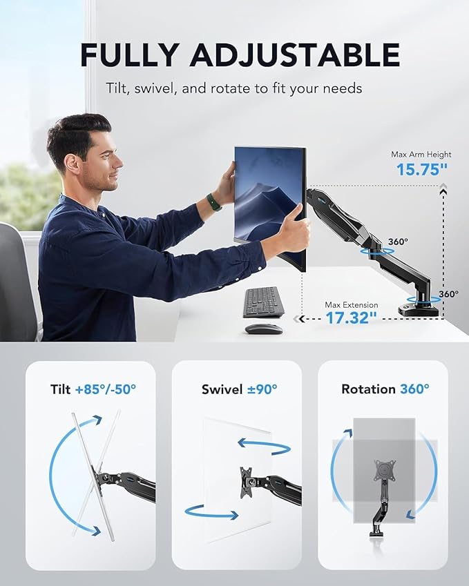 HUANUO FlowLift™ Single Monitor Mount, 13 to 32 Inch Monitor Arm, Adjustable Monitor Stand, Vesa Mount with Clamp and Grommet Base - Fits 4.4 to 19.8lbs LCD Computer Monitors